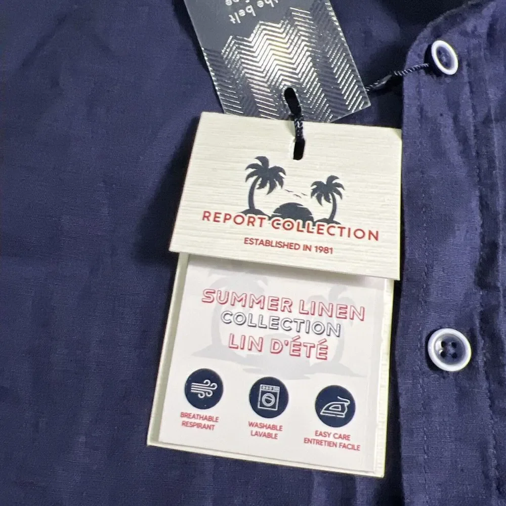 Report Collection Summer Linen Mens Blue Button Down Short Sleeve Size‎ Med NWT